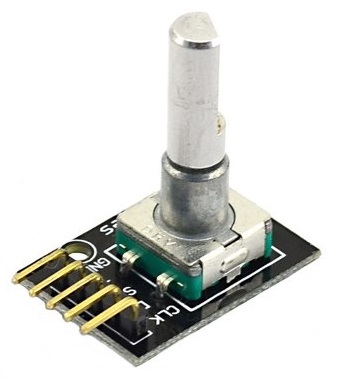 Fotografia de um popular módulo HW-040, codificador rotativo incremental com botão de pressão acoplado ao eixo
