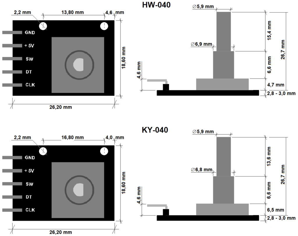 Desenho da planta e elevação dos módulo HW-040 (porção superior da imagem) e KY-040 (porção inferior da imagem)