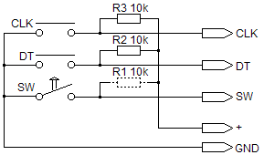Desenho do esquema elétrico dos módulos HW040 ou KY-040, observar que R1 não é montado em qualquer deles