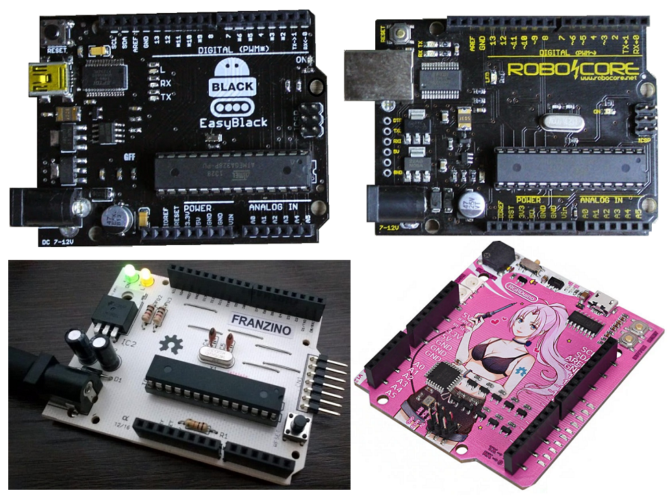 Placas baseadas no Arduino UNO de fabricantes alternativos: EasyBlack; RoboCore; Franzino; e RGBDuino
